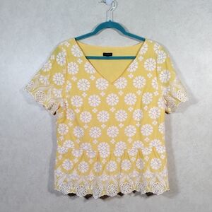 12521 Talbots yellow cotton w/white floral embroidery S/S blouse 14